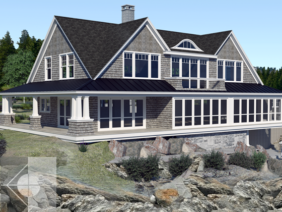 Portfolio image of a residential architectural guest house design in New Harbor, Maine by Phelps Architects.