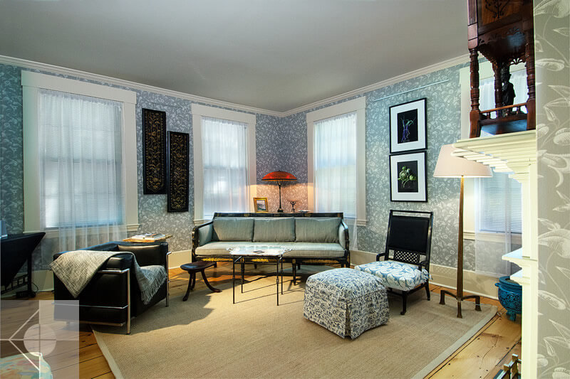 Living room of Greek Revival home by Phelps Architects.