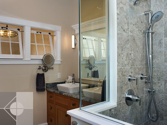 Bathroom double sink and shower.