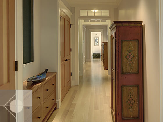 Hallway featuring built in waterfall.