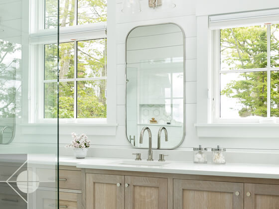 Bathroom counter and sink with views on either side of the sink.