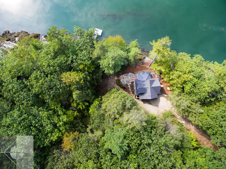 Arial view of cottage in Edgecomb, Maine by Phelps Architects