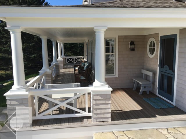 Covered deck with entrance to this New Harbor, Maine home.
