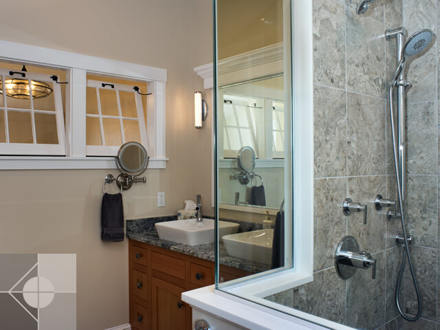 View of double sinks from the walk in shower.