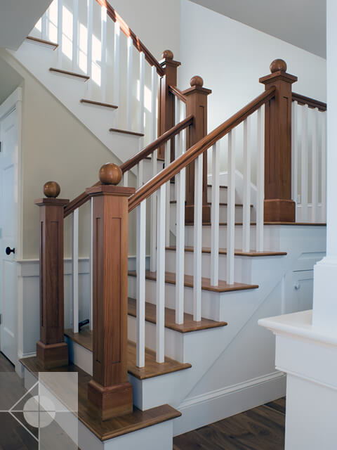 Inteior staircase of New Harbor, Maine home.