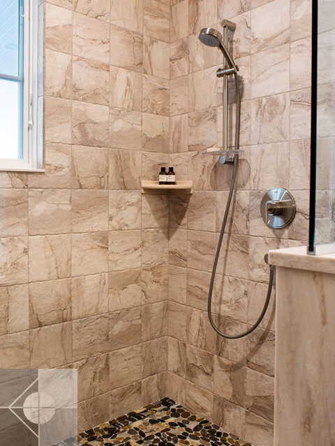 Custom tiled walk in shower.